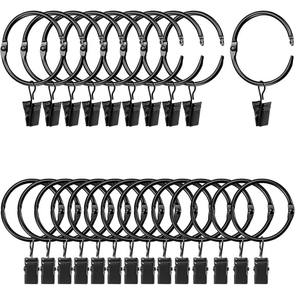 PETGLE Openable Curtain Rings with Clips, Open Drapery Rings with Hooks, Curtain Clips 1.26 inch Interior Diameter, Fit up to 1" Curtain Rod (Black, 1.26" I D Set of 24)