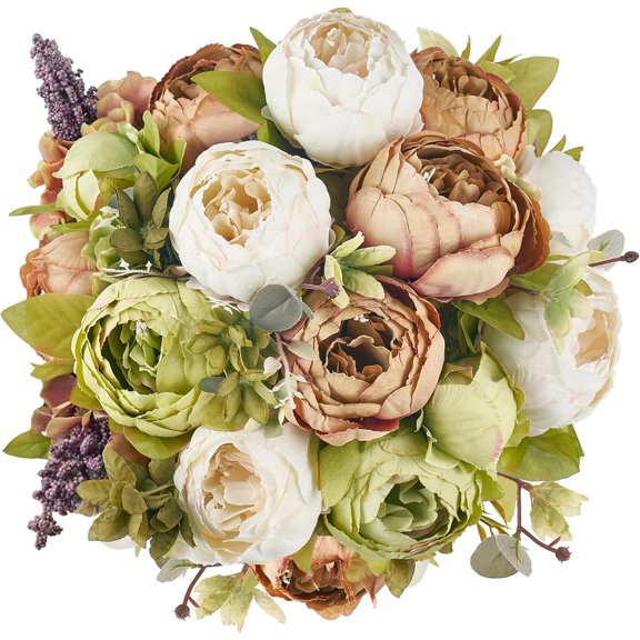 PETGLE Peonies Artificial Flowers, 2 Packs 13 Stems Faux Peony Flowers Real Touch Fake Silk Bouquet for Arrangements Dining Table Centerpieces for Kitchen Bridal Wedding Party (2, Mixed White)