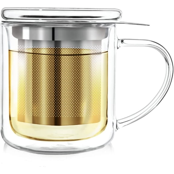PETGLE Personal Tea Maker - Insulated Heatproof Glass Cup with Loose Tea Infuser and Lid/Coaster Tea Connoisseur's Choice Borosilicate Glass Infusion Mug (8 Oz)