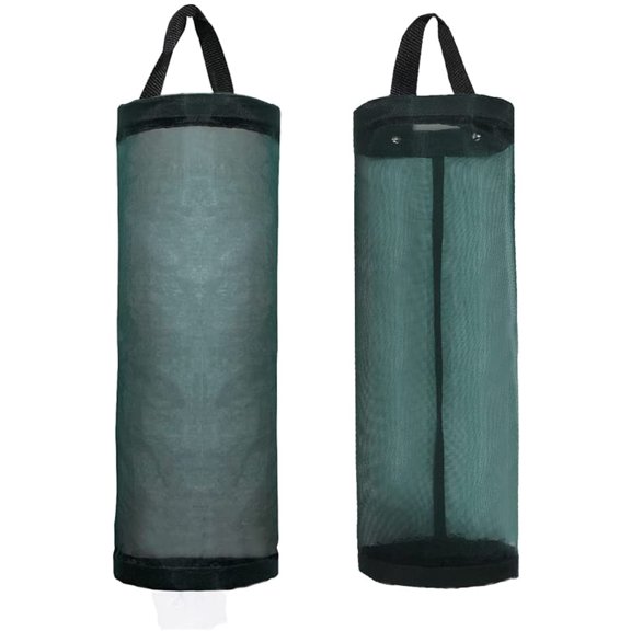 PETGLE Plastic Bag Holder, Mesh Grocery Bag Holder Hanging Storage Bag Dispenser (Dark Green 2 Packs)