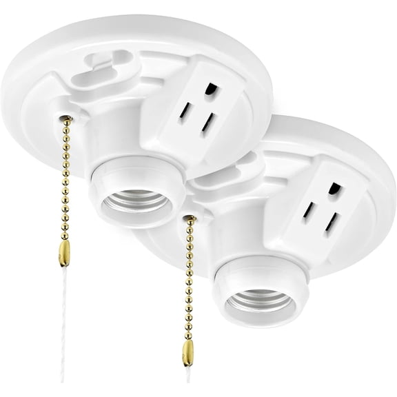PETGLE Plastic Lamp Holder w/Outlet & Pull Chain, E26 Socket, 2 Pack | One-Piece Medium Base, Outlet Box Mount, 660W, Ceiling Lighting, Compataible with LED and Incandescent