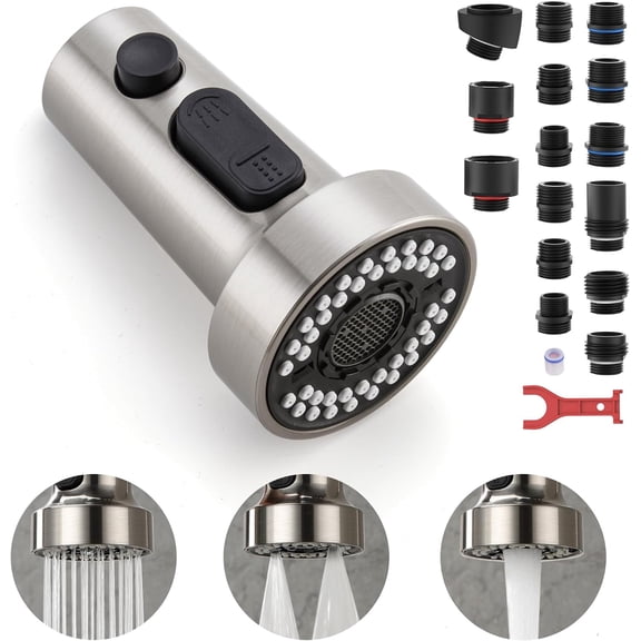 PETGLE Pull Down Spray Head Replacement - for Kitchen Faucet Sprayer Head with 15 Adapters, 3 Function Pull Out Faucet Spray Nozzle, Brushed Nickel
