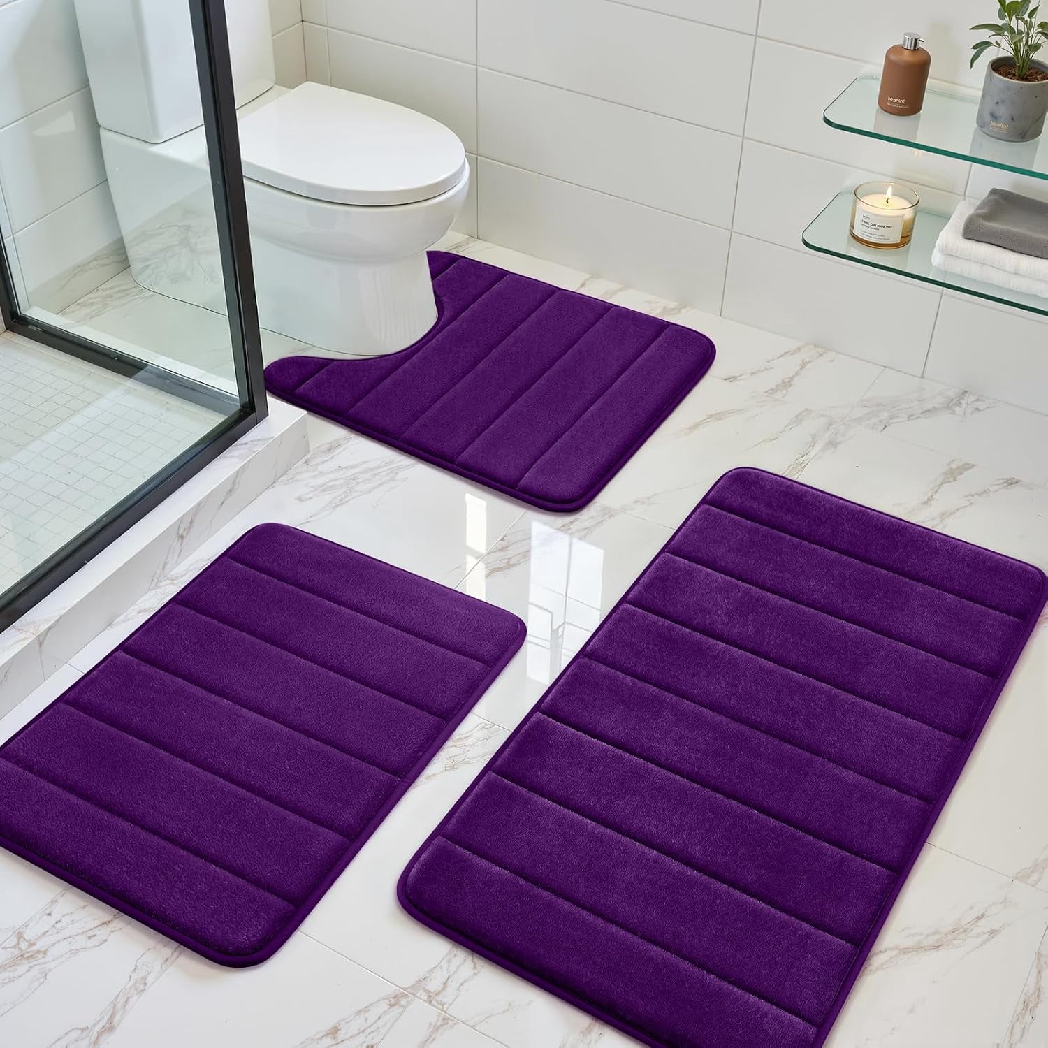 PETGLE Purple Memory Foam Bathroom Rug Set 3 Piece | Non Slip Extra ...