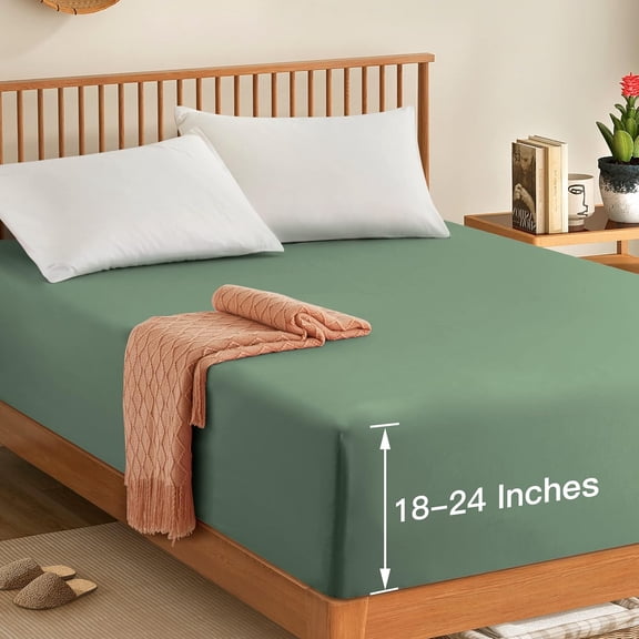 PETGLE Queen Extra Deep Pocket Fitted Sheet Only - 1800 Thread Count Hotel Deep Fitted Sheet Up to 24 Inches Mattress, Sage Green Bottom Sheet 18-24 Inch Microfiber Deep Queen Mattress Sheets