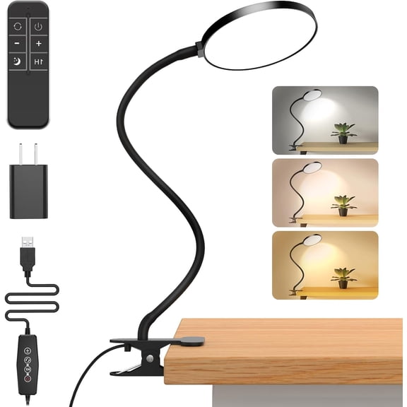 PETGLE Reading Light with Remote, LED Desk Lamp Clip on [1H Timer & Nightlight] RA>95 Dimmable Flexible Gooseneck, Reading Lamp with Clamp for Table - 4.7'' (Adapter Included)