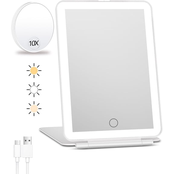 PETGLE Rechargeable Travel Makeup Mirror with Lights and 10X Magnifying Mirrors, Portable Lighted Vanity Mirror with 80 Led,2000mAh Battery,3 Color Lighting,Touch Dimming,Tabletop Light up Mirror