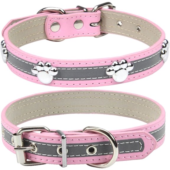 PETGLE Reflective Dog Collar with Cute Paw Rivet Studded Funny Soft PU Leather Adjustable Puppy Dog Collars for Small Medium Large Dogs Cats (Pink,Large)