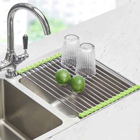 PETGLE Roll Up Dish Drying Rack Over The Sink Drying Rack for Kitchen Counter, Rolling Dish Rack Over Sink Mat, Foldable Dish Drainer Stainless Steel Rack Kitchen Organization Green 17.5"x11.8"