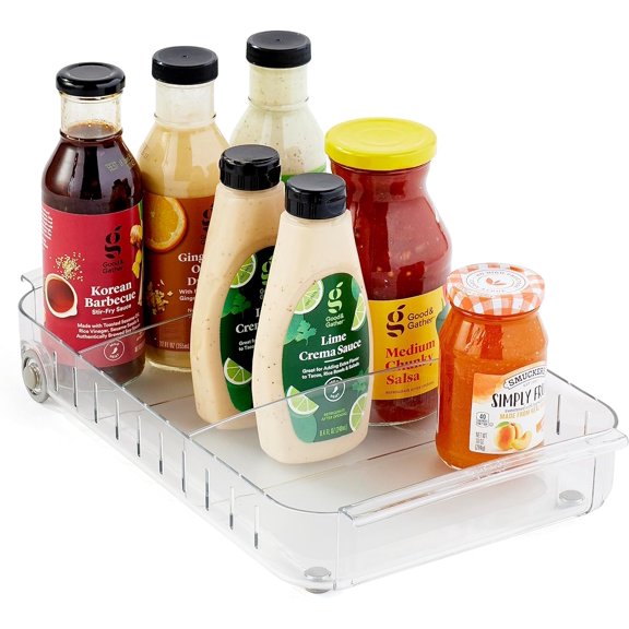 PETGLE RollOut Fridge Caddy BPA-Free Clear Rolling Refrigerator Organizer Bin with Adjustable Dividers and Handles, 9" Wide