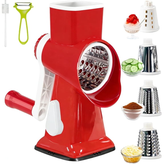 PETGLE Rotary Cheese Grater with Handle, Multifunctional Kitchen tool, Stainless Steel Rotary Grater Slicer for Fruit, Vegetables, Nuts (Red)