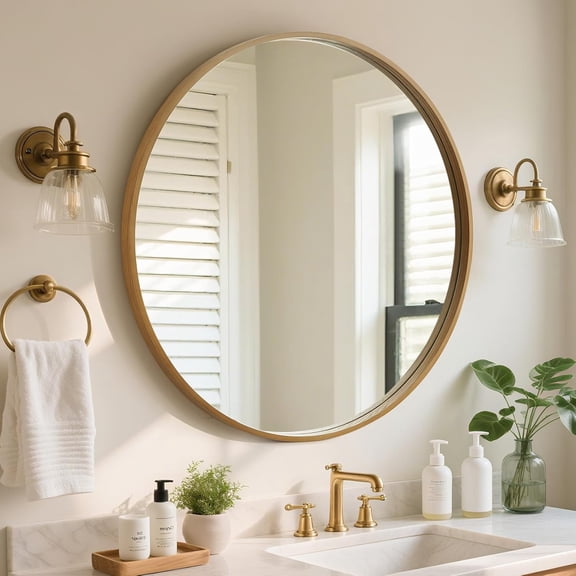 PETGLE Round Wood Mirror, 32" Round Modern Decoration Large Circle Wall Mirror for Bathroom Living Room Bedroom Entryway, Natural