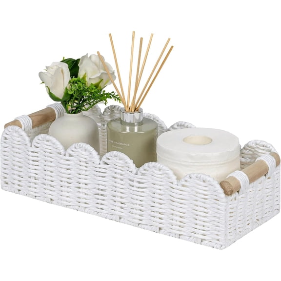 PETGLE Scalloped Edge Toilet Paper Storage Basket, Living Room Home Cozy Decor Basket, Paper Rope Small Baskets for Over Toilet Storage Shelf, End Table, Shelves, with 2 Wooden Handles, White