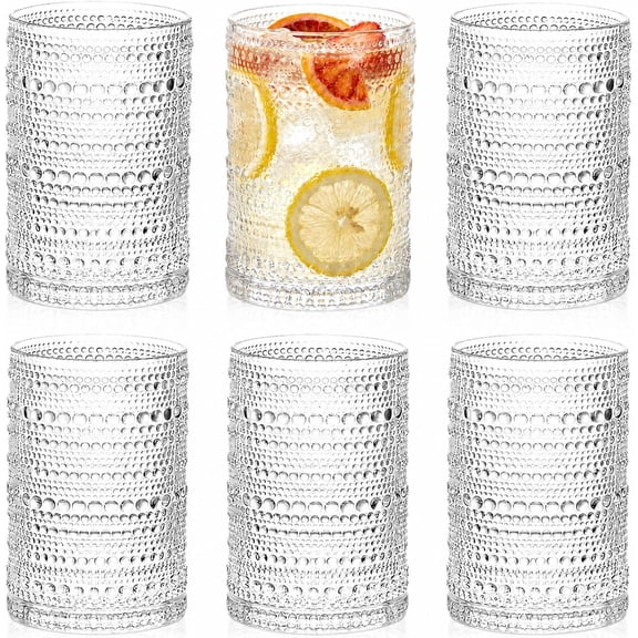 PETGLE Set of 6 Clear 13oz Vintage Embossed Beaded Drinking Tumblers, Retro Textured Kitchen Glass Cups for Daily Cold Water and Common Household Beverages