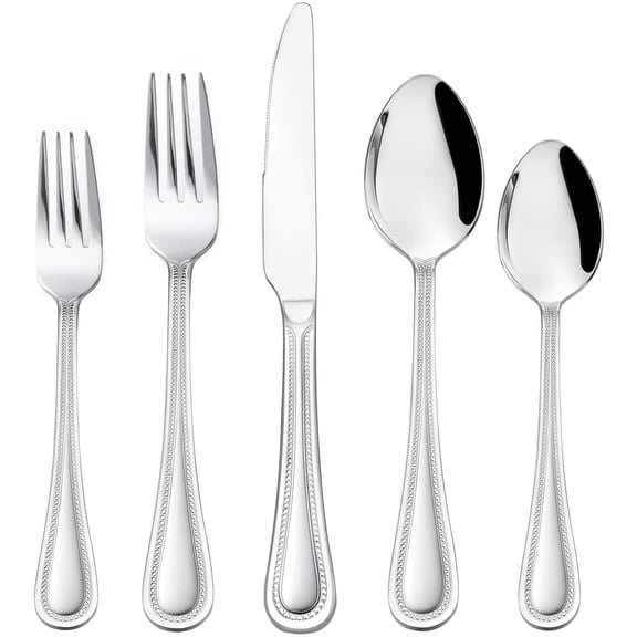 PETGLE Silverware Set, 60-Piece Pearled Edge Stainless Steel Flatware for 12, Beading Tableware Cutlery Utensil for Home, Mirror Polished, Dishwasher Safe