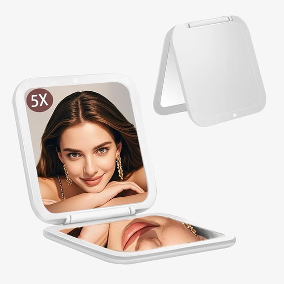 PETGLE Small Compact Mirror for Purse,5X/1X Travel Magnifying Mirror for Women, Makeup Mirror for Girls, Portable Ultra Slim Pocket Mirror(White)