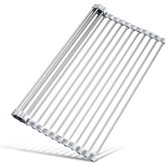 PETGLE Stainless Steel Roll-Up Dish Drying Rack Marble Color Silicone Edges, Foldable Kitchen Rack Heat Resistant Trivet Supports up to 70 lbs, Food Safe for Dishes, Cookware & More