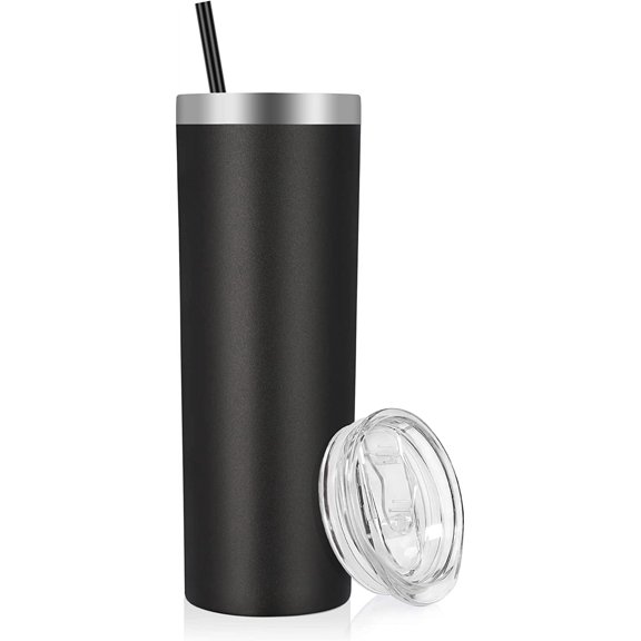 PETGLE Stainless Steel Skinny Tumbler, 20 oz Vacuum Insulated Tumbler with Lid and Straw, Double Wall Coffee Cup, Travel Mug for Cold Hot Drinks, Black 1 Pack