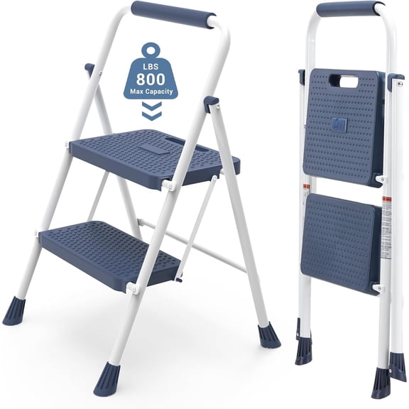 PETGLE Step Ladder, 2 Sturdy Step Stool with Anti-Slip Pedal & Comfortable Handrail, Portable Heavy Duty Step Stool for Kitchen, Garage & Outdoor Use, 800lbs, Calm Blue