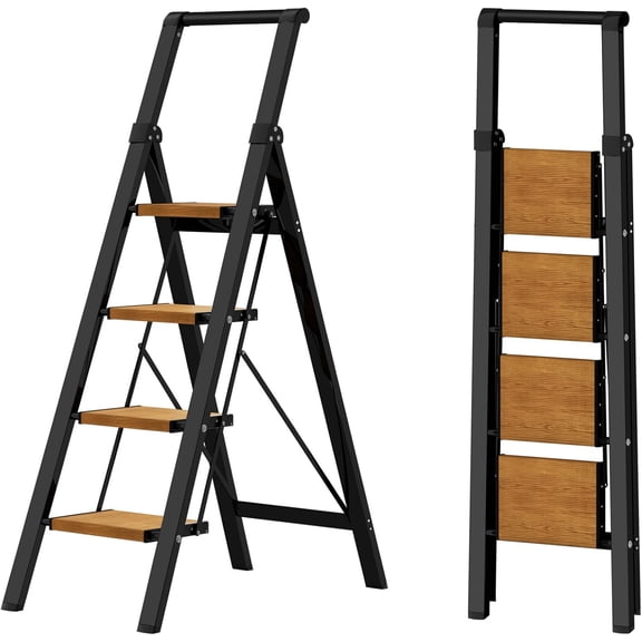 PETGLE Step Ladder, Aluminum Lightweight Folding 4 Step Stool with Anti-Slip Wide Pedal, 330lbs Capacity Steel Ladder for Household and Office