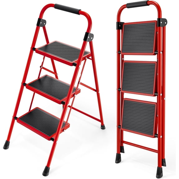 PETGLE Step Ladder, Folding Ladder with Non-Slip and Wide Pedal, Small Ladder with Handle, Heavy Duty Steel Stool, Lightweight Step Ladder (Red, 3 Step Stool)