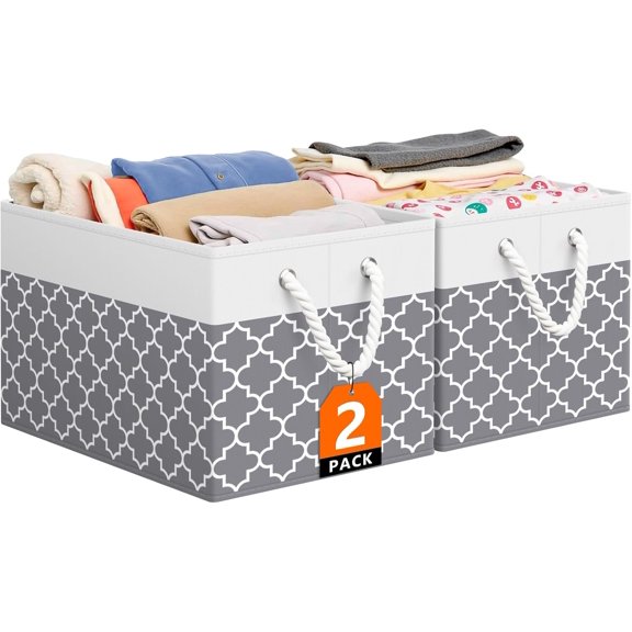 PETGLE Storage Bin,Collapsible Storage Basket For Organizing,Large Storage Boxes With Rope Handles,Storage Containers,Clover Grey,2 Pack
