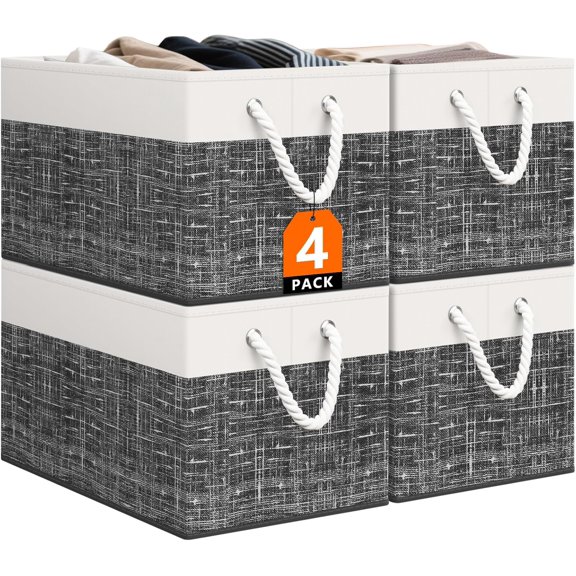 PETGLE Storage Bin,Collapsible Storage Basket For Organizing,Large Storage Boxes With Rope Handles,Storage Containers,White & Black,4 Pack