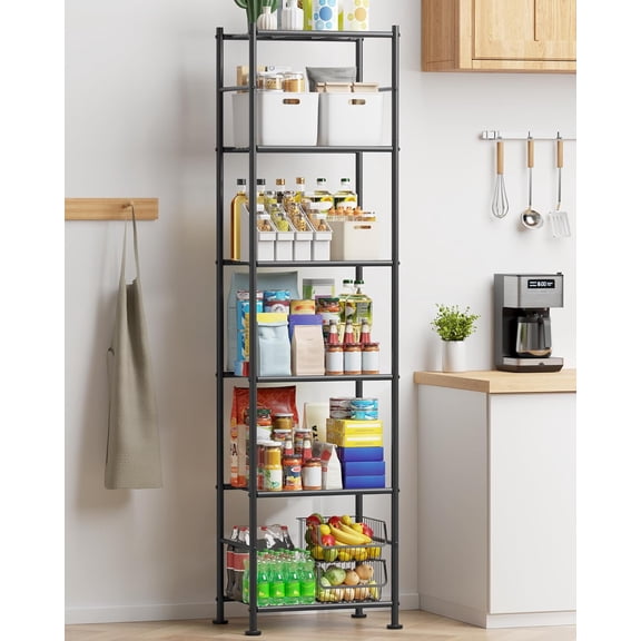 PETGLE Storage Shelves - 6 Tier Shelf Organizer, Sturdy Metal Garage Shelving with Adjustable Leveling Feet, Space-Saving Shelves Organizer for Pantry, Laundry, Kitchen (18" x 12" x 70", Black)