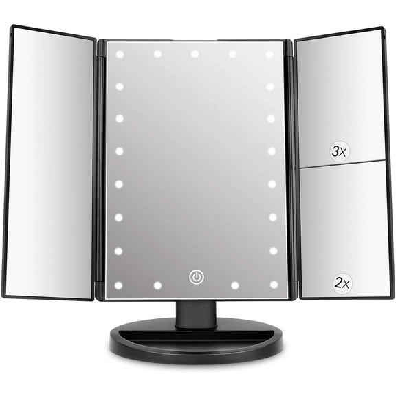 PETGLE Tabletop Mount Trifold Lighted Vanity Mirror with 21 LED Lights, Touch Screen and 3X/2X/1X Magnification, Two Power Supply Mode Make up Mirror,Travel Mirror