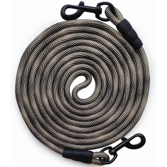 PETGLE Tie-Out Check Cord Long Rope Dog Tether, 8ft 12ft 20ft 30ft 50ft 75ft Recall Training Dog Lead for Yard- Large Medium Dogs Outdoor Training, Playing, Camping, or Backyard (12ft, Beige Black)