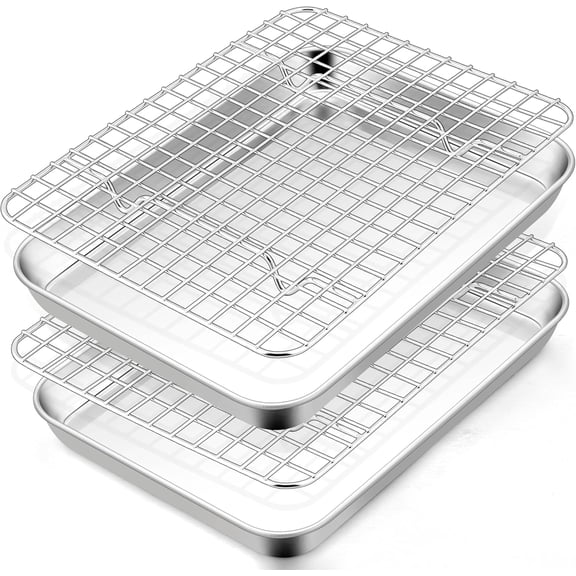 PETGLE Toaster Oven Pan with Rack Set, 9 x 7 x 1 Inch Stainless Steel Mini Baking Pan Tray with Grid Rack for Baking Roasting Cooling, Non-Toxic & Heavy-Duty, Dishwasher Safe, (2 Pans + 2 Racks)