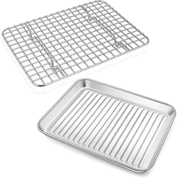 PETGLE Toaster Oven Pan with Wire Rack, Stainless Steel Baking Oven Sheet Tray, Bacon Pan and Cooling Rack for Cooking Roasting Cookie, Dishwasher Safe & Easy Clean, 9 x 7 x 1 Inch