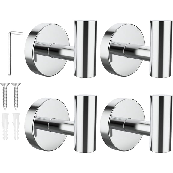 PETGLE Towel Hooks for Bathrooms 4 Packs Screw-in Bathroom Towel Hook Wall Mounted Stainless Steel Shower Towel Hooks for Coat Hanging, Mirror Silver
