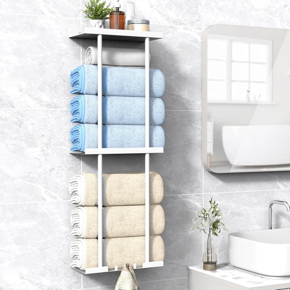 PETGLE Towel Rack for Bathroom, Wall Mounted Vertical Rolled Towel Storage Organizer Holder with Shelf, Holds Up 6 Large Bath Sheets, White Large Size