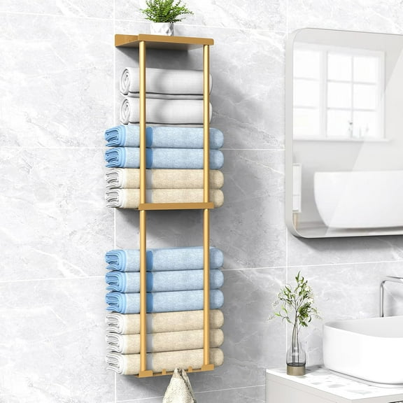 PETGLE Towel Rack for Bathroom, Wall Mounted Vertical Rolled Towel Storage Organizer Holder with Shelf, Holds Up 6 Large Bath Sheets, Gold