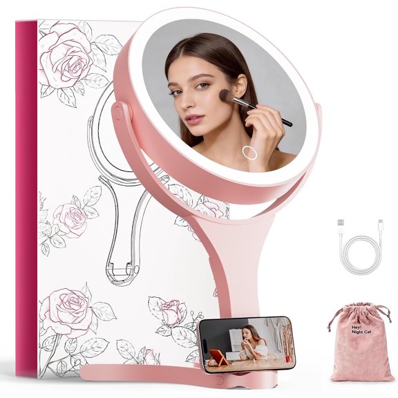PETGLE Travel Makeup Mirror with Lights, 1X/10X Magnifying Mirror with Phone Stand, 3 Color Lighted Rechargeable Vanity Mirror, 360° Rotatable Tabletop Handhold Hanging Mirror for Travel (Pink)