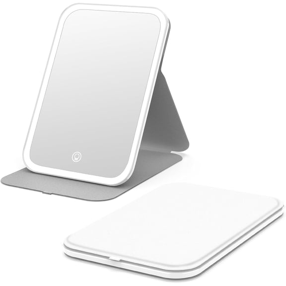 PETGLE Travel Makeup Mirror, Portable LED Lighted Makeup Mirror, 360° Rotation Touch Screen Vanity Mirror, 60 LEDs, 3-Color Dimmable Lighting, Rechargeable Tabletop Folding Cosmetic Mirror, White