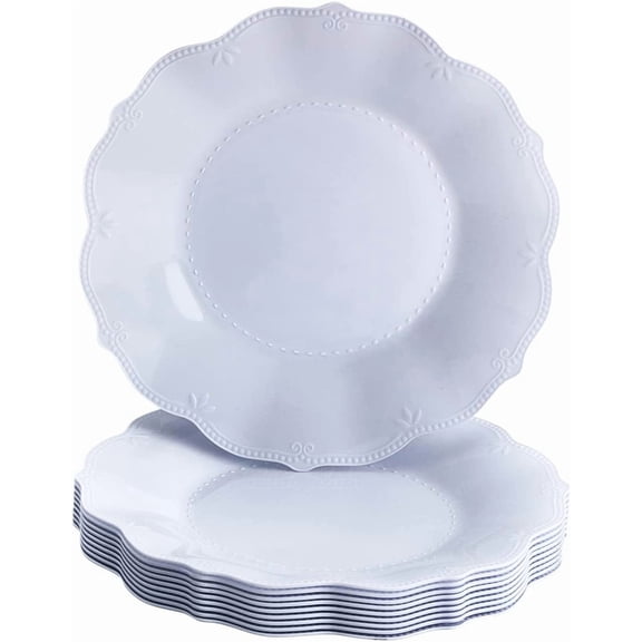 PETGLE Vintage Embossed Plastic Salad Plates for Party - 10 PC - Heavy Duty Disposable Dinner Set - 8.75” - Fine China Look Dishes - Perfect for celebrations and Events - White