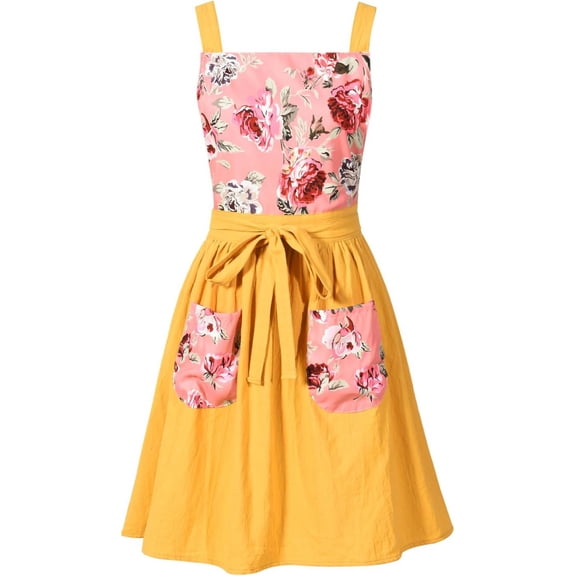 PETGLE Vintage Pinafore Apron Dress for Women with Pockets Cute Floral Chef Aprons for Kitchen Cooking Baking Gardening