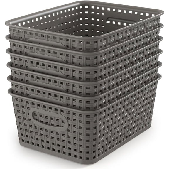 PETGLE Weave Storage Organizer Baskets, Grey 6-Pack Plastic Woven Baskets, 10.1" x 7.55" x 4.1"