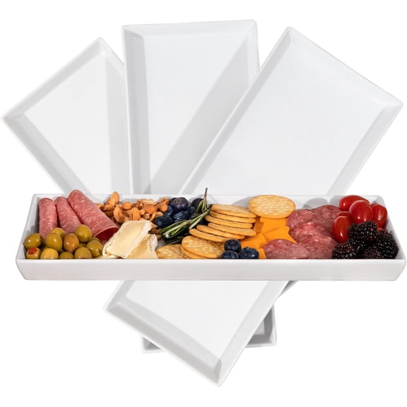 PETGLE White Ceramic Serving Platters (14 x 6 Inch Rectangle Plates) Serving Dishes for Entertaining, Food, Appetizers, Desserts, Cheese Board, Charcuterie, Sushi - Set of 4 Party Serving Trays