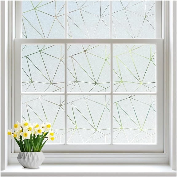 PETGLE Window Privacy Film with Decorative Triangle Pattern, Non-Adhesive Frosted Glass Window Film for Bathroom, UV Blocking Vinyl Sticker for Glass Door Covering, 17.5 x 157.4 Inches