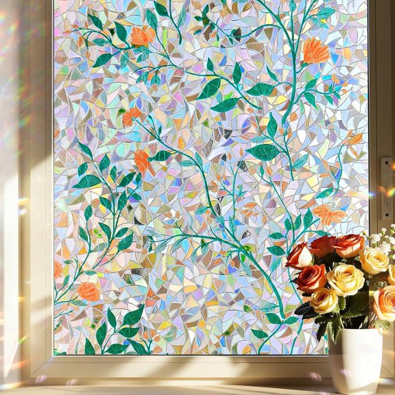 PETGLE Window Privacy Film, Stained Glass Decorative Static Cling, Removable Laser Sun Blocking Vinyl Covering, Window Film for Home Kitchen Living Room, Orange Blossom, 29.5" x 78.7"
