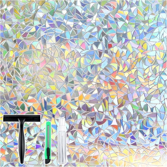 PETGLE Window Privacy Film Stained Glass Rainbow 3D Prism Decorative Iridescent Window Sticker Static Cling Suncatcher UV Protection for Home Heat Control, Clear, 17.5 X 78.7 Inches