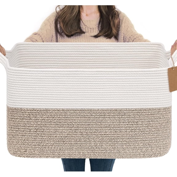 PETGLE Woven Storage Basket, 22”x17”x12” Large Blanket Storage for Living Room, Rope Baskets for Organizing, Rectangle Nursery Toy Box With Handles, Brown and White
