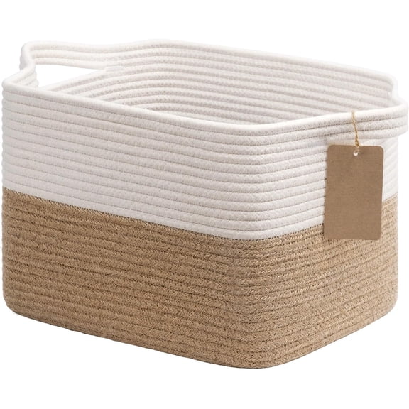 PETGLE Woven Storage Basket for Shelves, Medium Empty Gift Basket with Handles, Square Wicker Dog Toy Baskets, White and Jute Storage Bin, 13 x 10 x 9 Inches