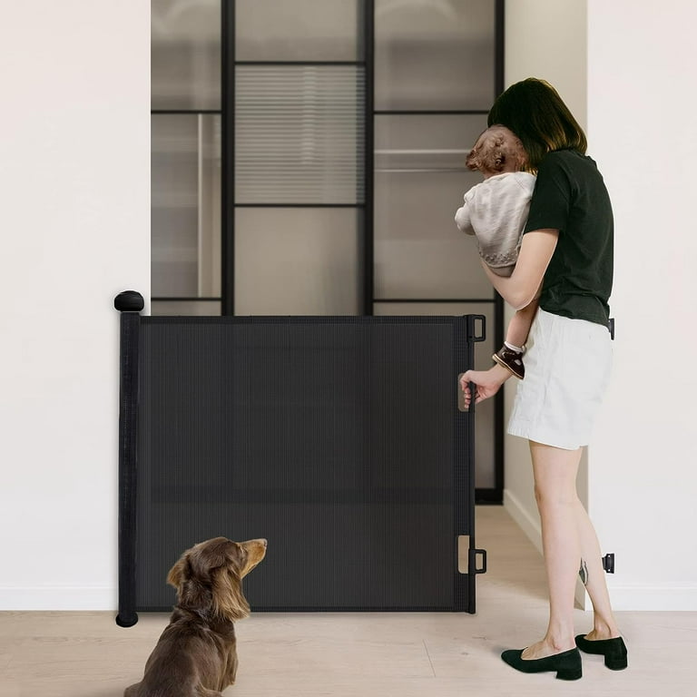 PETGOD Retractable Baby Gate, Upgraded Lockable Mesh Dog Gate Tall 34”,  Extends up to 55” Extra Wide Pet Gate and Safety Child Gate for Stairs,  Doorways, Hallways, Banisters, Indoors, Outdoors Black 