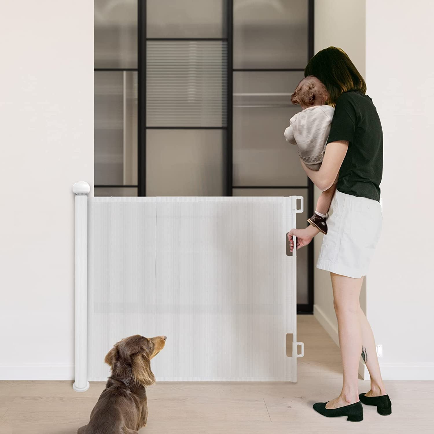PETGOD Retractable Baby Gate, Upgraded Lockable Mesh Dog Gate Tall 34