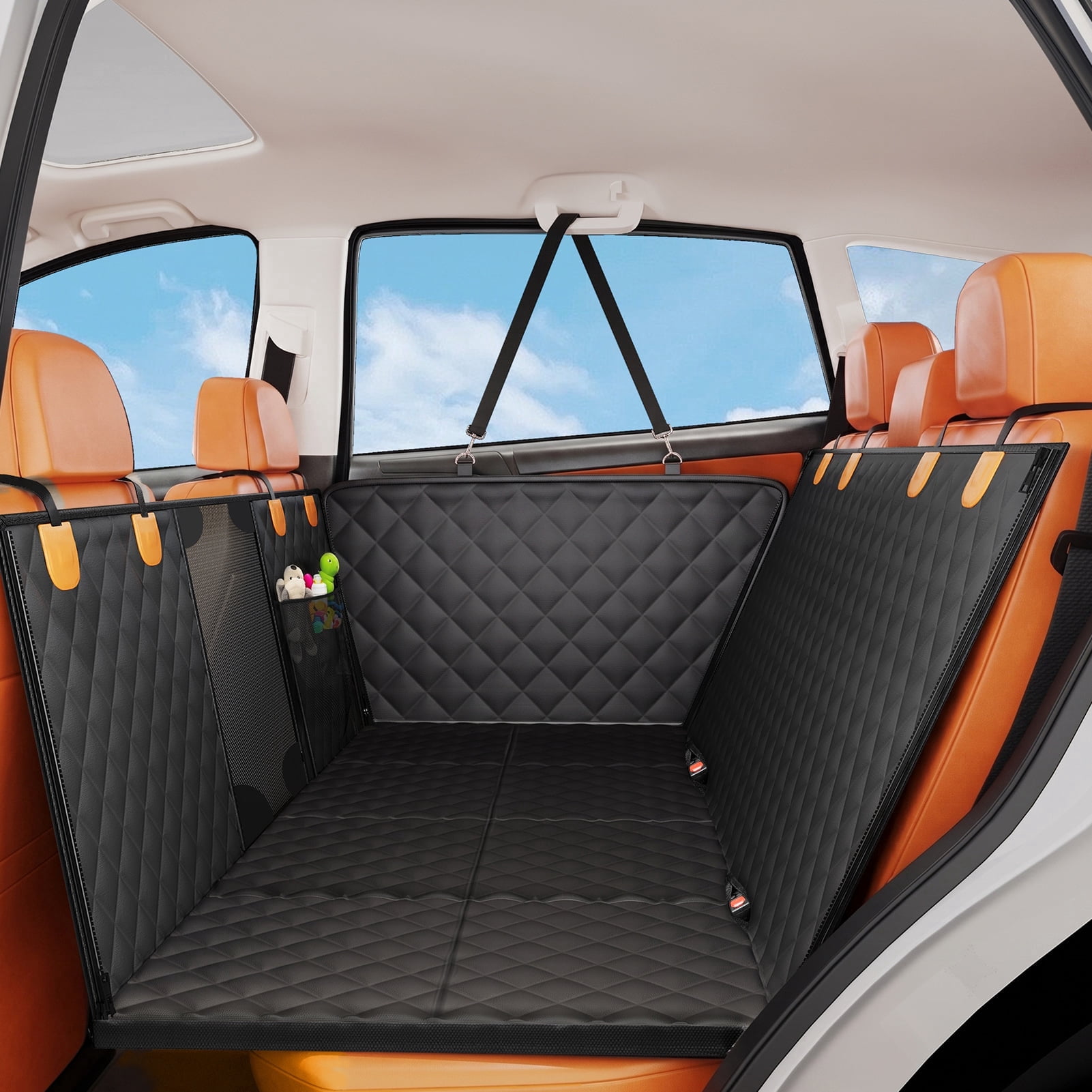 SMATTO Back Seat Extender for Dogs, Heavy Duty 400lbs Dog Car Seat Cover, Waterproof Pet Hammock for Back Seat with Mesh Window & Hard Bottom, Fits SUV Car