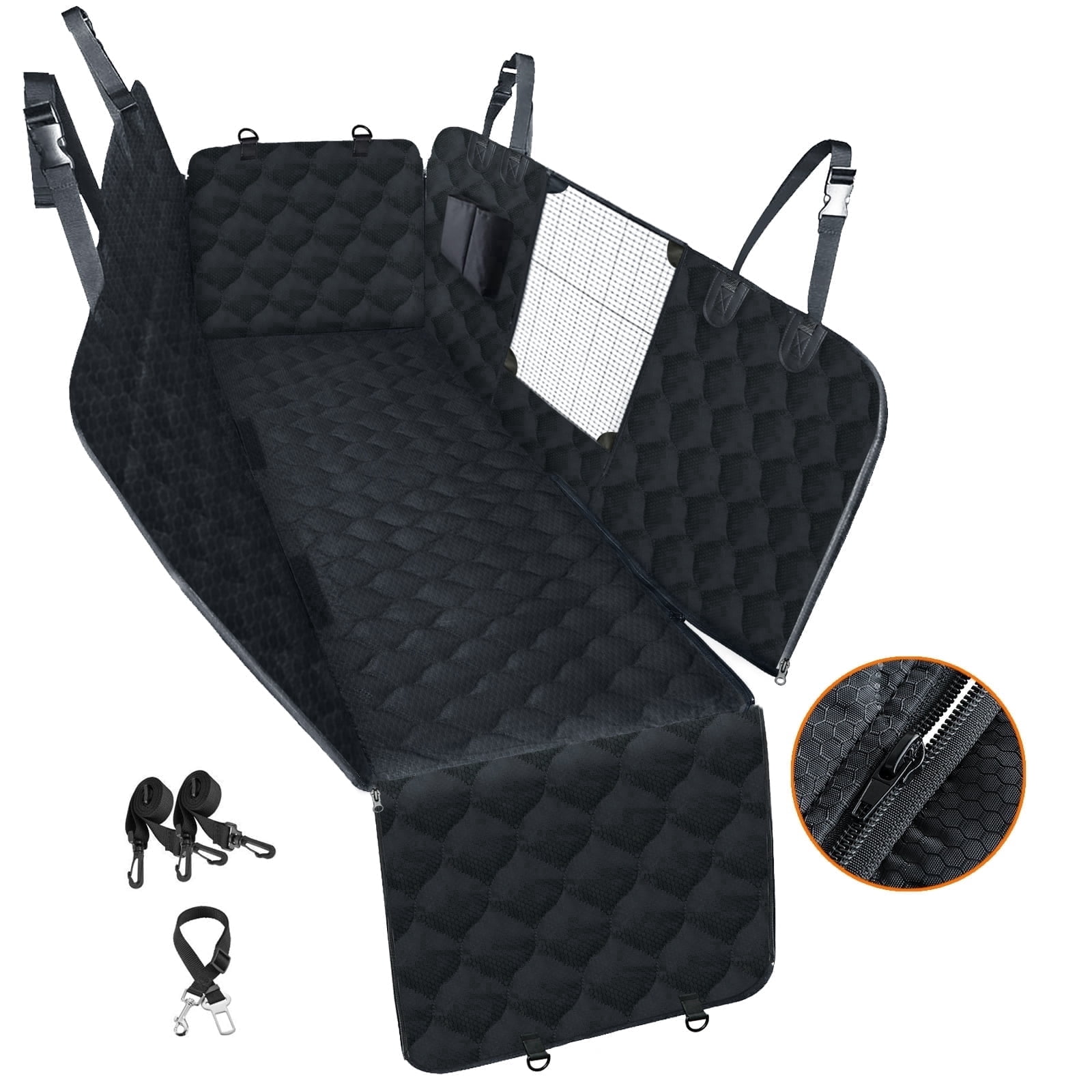 SMATTO Dog Car Seat Cover with Mesh Window, 100% Waterproof Pet Seat Cover for Back Seat, Scratchproof Dog Hammock for Cars, Trucks, SUVs, Jeeps, Black