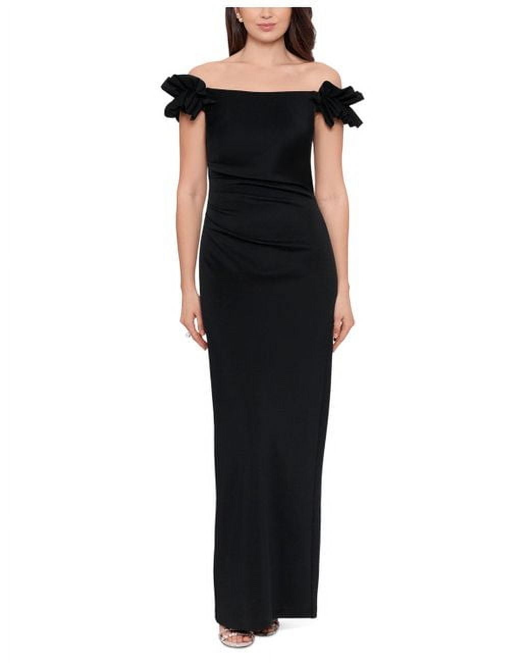 XSCAPE PETITE "MAGGIE" LONG SCUBA CREPE RUCHED OFF THE SHOULDER DRESS, 4P